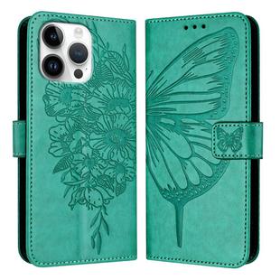 For iPhone 16 Pro Max Embossed Butterfly Leather Phone Case(Green)