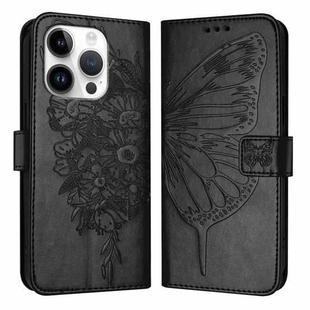 For iPhone 16 Pro Embossed Butterfly Leather Phone Case(Black)