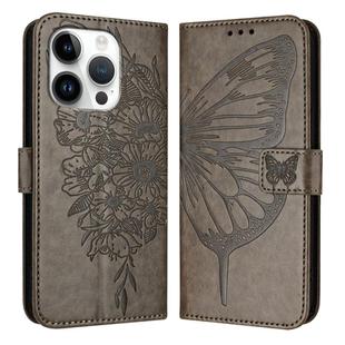 For iPhone 16 Pro Embossed Butterfly Leather Phone Case(Grey)