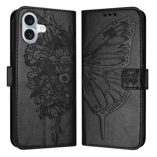 For iPhone 16 Plus Embossed Butterfly Leather Phone Case(Black)