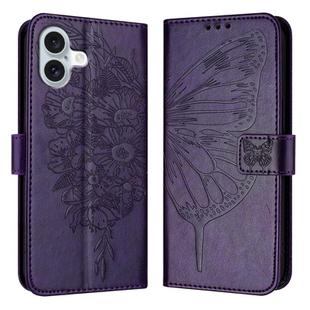 For iPhone 16 Plus Embossed Butterfly Leather Phone Case(Dark Purple)