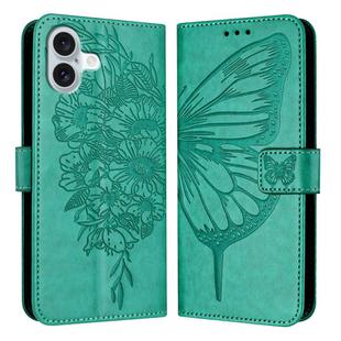 For iPhone 16 Plus Embossed Butterfly Leather Phone Case(Green)