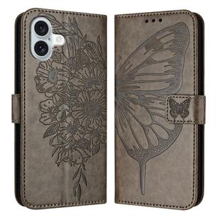 For iPhone 16 Plus Embossed Butterfly Leather Phone Case(Grey)