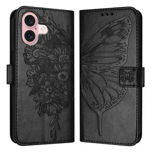 For iPhone 16 Embossed Butterfly Leather Phone Case(Black)