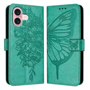 For iPhone 16 Embossed Butterfly Leather Phone Case(Green)