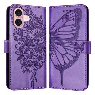 For iPhone 16 Embossed Butterfly Leather Phone Case(Light Purple)