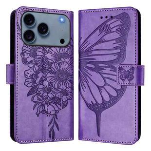 For iPhone 17 Pro Embossed Butterfly Leather Phone Case(Light Purple)