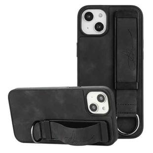 For iPhone 14 Plus Wristband Holder Leather Back Phone Case(Black)
