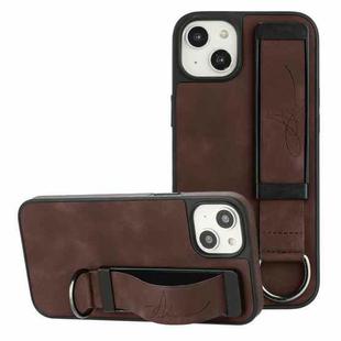 For iPhone 14 Plus Wristband Holder Leather Back Phone Case(Coffee)