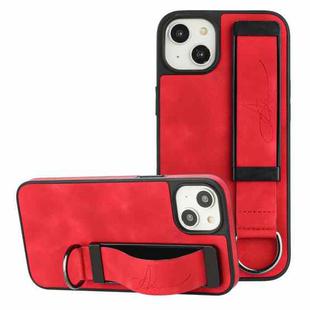 For iPhone 13 Wristband Holder Leather Back Phone Case(Red)