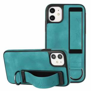 For iPhone 12 Wristband Holder Leather Back Phone Case(Green)