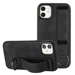 For iPhone 12 Wristband Holder Leather Back Phone Case(Black)