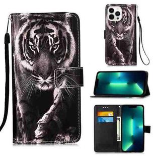 For iPhone 15 Pro Max Colored Drawing Pattern Plain Weave Leather Phone Case(Black And White Tiger)