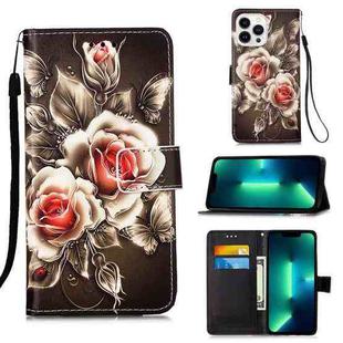 For iPhone 15 Pro Max Colored Drawing Pattern Plain Weave Leather Phone Case(Roses On Black)