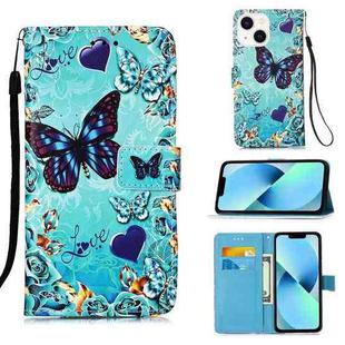 For iPhone 15 Plus Colored Drawing Pattern Plain Weave Leather Phone Case(Caring Butterfly)