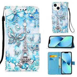 For iPhone 15 Plus Colored Drawing Pattern Plain Weave Leather Phone Case(Tower Butterfly)