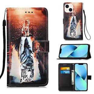 For iPhone 15 Plus Colored Drawing Pattern Plain Weave Leather Phone Case(Cats And Tigers)