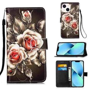 For iPhone 15 Plus Colored Drawing Pattern Plain Weave Leather Phone Case(Roses On Black)