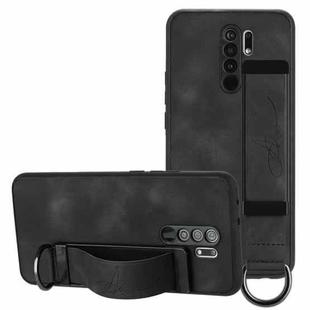 For Xiaomi Redmi 9 Wristband Holder Leather Back Phone Case(Black)