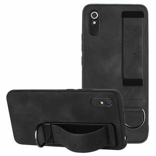 For Xiaomi Redmi 9A Wristband Holder Leather Back Phone Case(Black)