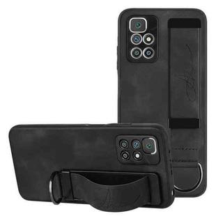 For Xiaomi Redmi 10 Wristband Holder Leather Back Phone Case(Black)