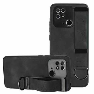 For Xiaomi Redmi 10C Wristband Holder Leather Back Phone Case(Black)