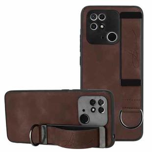For Xiaomi Redmi 10C Wristband Holder Leather Back Phone Case(Coffee)
