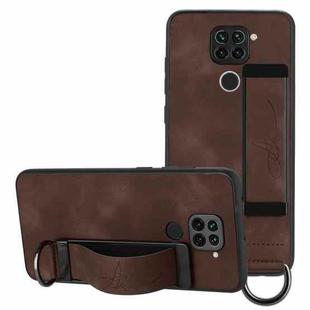 For Xiaomi Redmi Note 9 Wristband Holder Leather Back Phone Case(Coffee)
