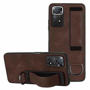 For Xiaomi Redmi Note 11 Wristband Holder Leather Back Phone Case(Coffee)