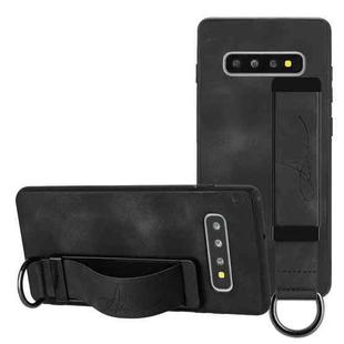 For Samsung Galaxy S10 Wristband Holder Leather Back Phone Case(Black)