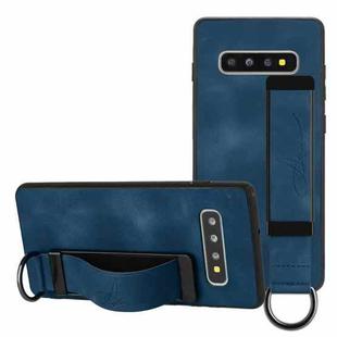 For Samsung Galaxy S10+ Wristband Holder Leather Back Phone Case(Royal Blue)