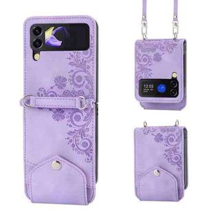 For Samsung Galaxy Z Flip5 Skin Feel Flowers Embossed Wallet Leather Phone Case(Purple)