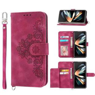For Samsung Galaxy Z Fold5 Skin Feel Flowers Embossed Wallet Leather Phone Case(Wine Red)