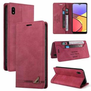 For Samsung Galaxy A20/A21 JP Version Skin Feel Anti-theft Brush Horizontal Flip Leather Case with Holder(Wine Red)