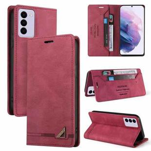 For Samsung Galaxy S21 FE 5G Skin Feel Anti-theft Brush Horizontal Flip Leather Case with Holder(Wine Red)