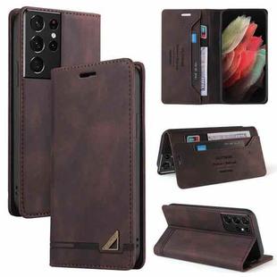 For Samsung Galaxy S21 Ultra 5G Skin Feel Anti-theft Brush Horizontal Flip Leather Case with Holder(Brown)