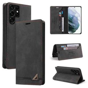For Samsung Galaxy S22 Ultra 5G Skin Feel Anti-theft Brush Horizontal Flip Leather Case with Holder(Black)