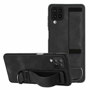 For Samsung Galaxy A12 Wristband Holder Leather Back Phone Case(Black)