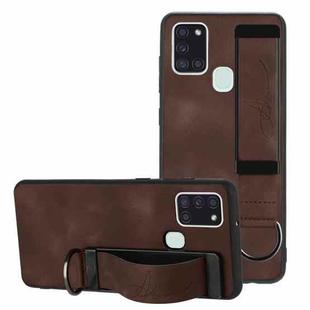 For Samsung Galaxy A21s Wristband Holder Leather Back Phone Case(Coffee)