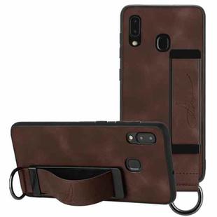 For Samsung Galaxy A40 Wristband Holder Leather Back Phone Case(Coffee)