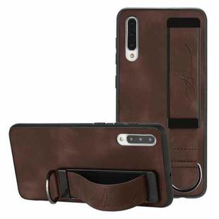For Samsung Galaxy A70 Wristband Holder Leather Back Phone Case(Coffee)
