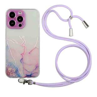 For iPhone 15 Pro Max Hollow Marble Pattern TPU Shockproof Phone Case with Rope(Pink)