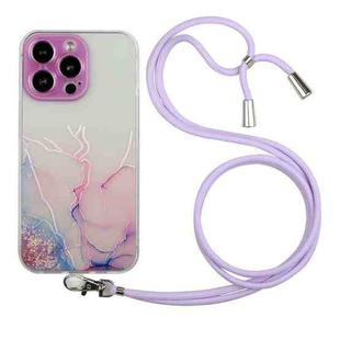 For iPhone 15 Pro Hollow Marble Pattern TPU Shockproof Phone Case with Rope(Pink)