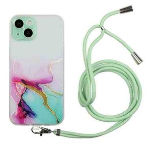 For iPhone 15 Plus Hollow Marble Pattern TPU Shockproof Phone Case with Rope(Green)