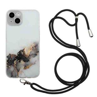 For iPhone 15 Hollow Marble Pattern TPU Shockproof Phone Case with Rope(Black)