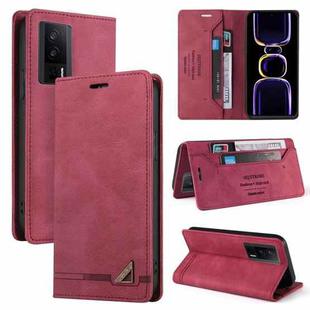 For Xiaomi Poco F5 Pro/Redmi K60/K60 Pro Skin Feel Anti-theft Brush Horizontal Flip Leather Case with Holder(Wine Red)