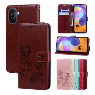 For Huawei nova Y70 / Y70 Plus Rose Embossed Flip PU Leather Phone Case(Brown)