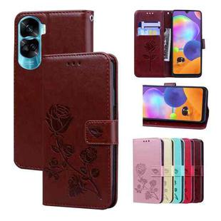For Honor 90 Lite Rose Embossed Flip PU Leather Phone Case(Brown)