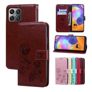 For Honor X8a Rose Embossed Flip PU Leather Phone Case(Brown)