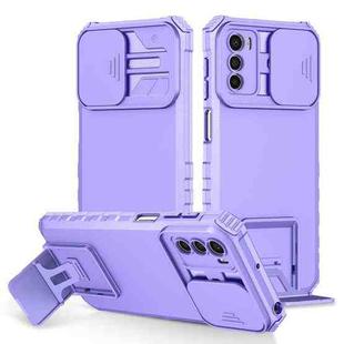 For Motorola Moto G42 Stereoscopic Holder Sliding Camshield Phone Case(Purple)